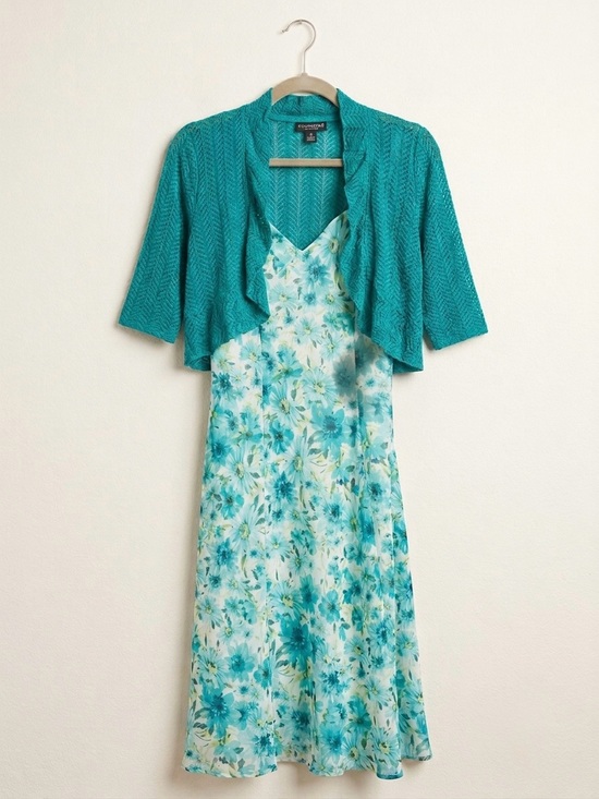 connected apparel Dresses & Skirts - Connected Apparel Floral Midi Dress & Crochet Shrug 2 Pc Set Size 10